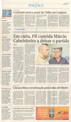 JJ - 23/04/15 - pg 3 - política - Em carta, PR convida Márcio Cabelereiro a deixar o partido - Confusão marca posse de Cidão em Cajamar -