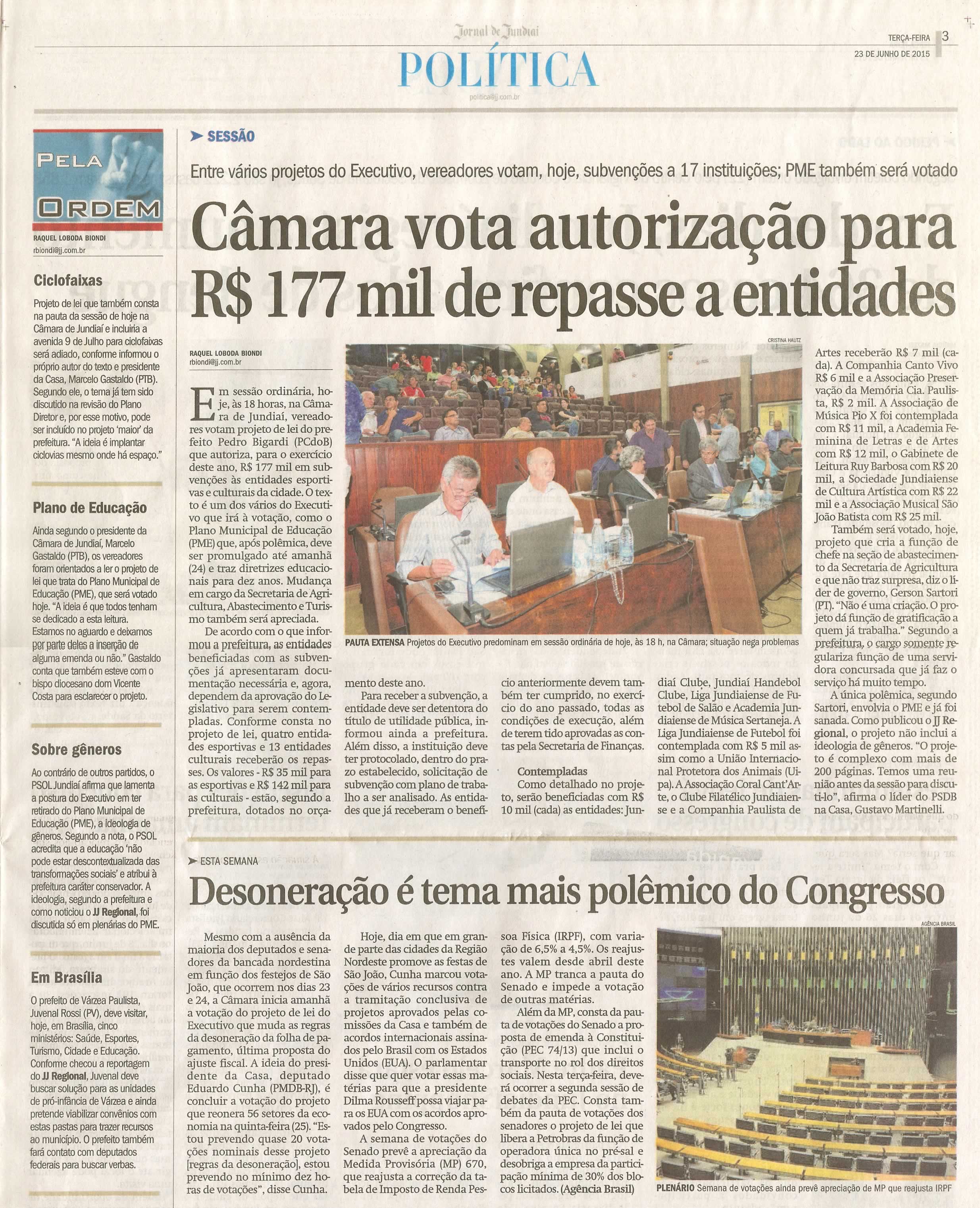 JJ - 23/06/15 - pg 3 - política - Câmara vota autorização para R$ 177 mil de repasse a entidades -