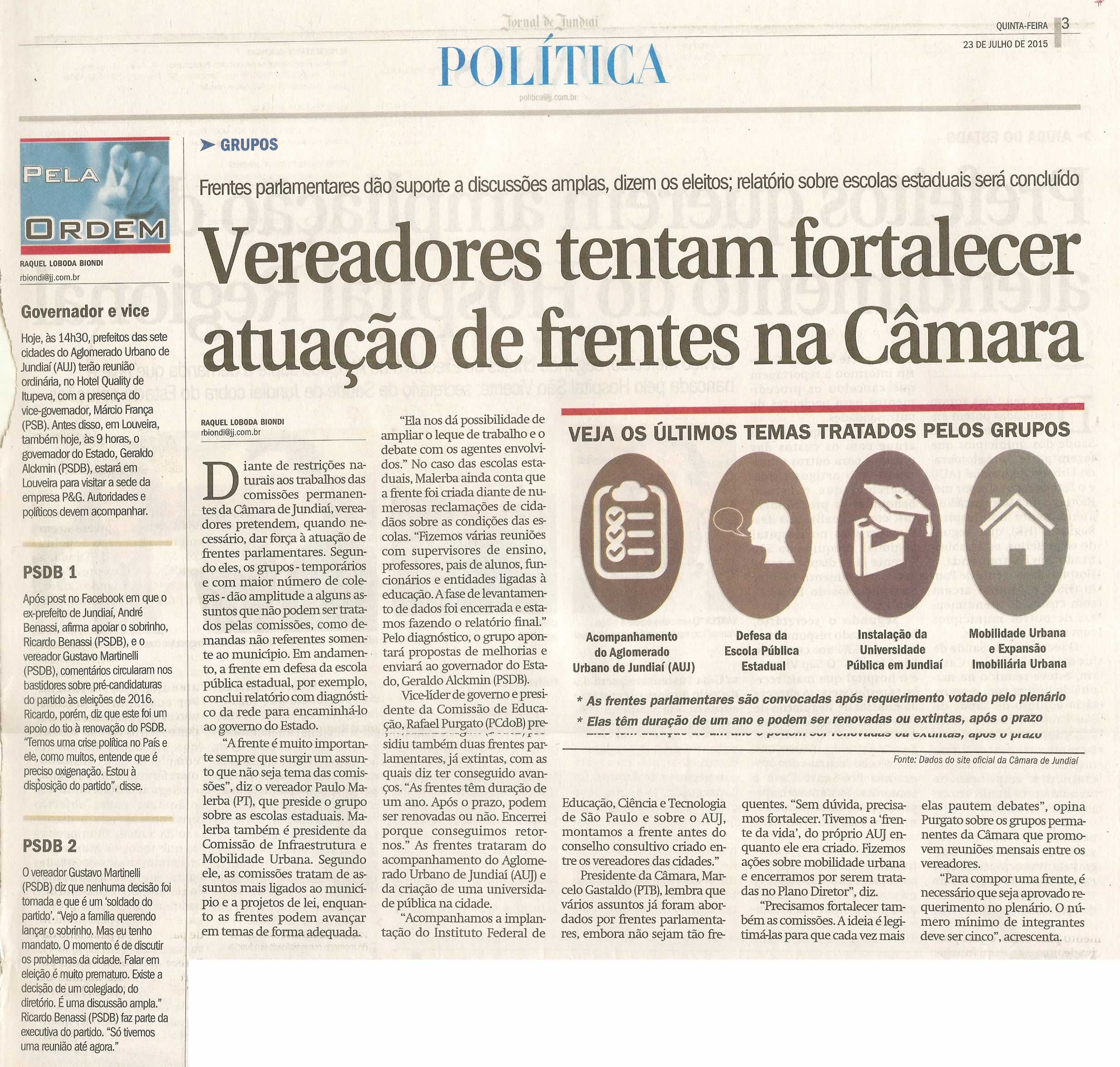 JJ - 23/07/15 - pg 3 - política - Vereadores tentam fortalecer atuação de frentes na Câmara - 