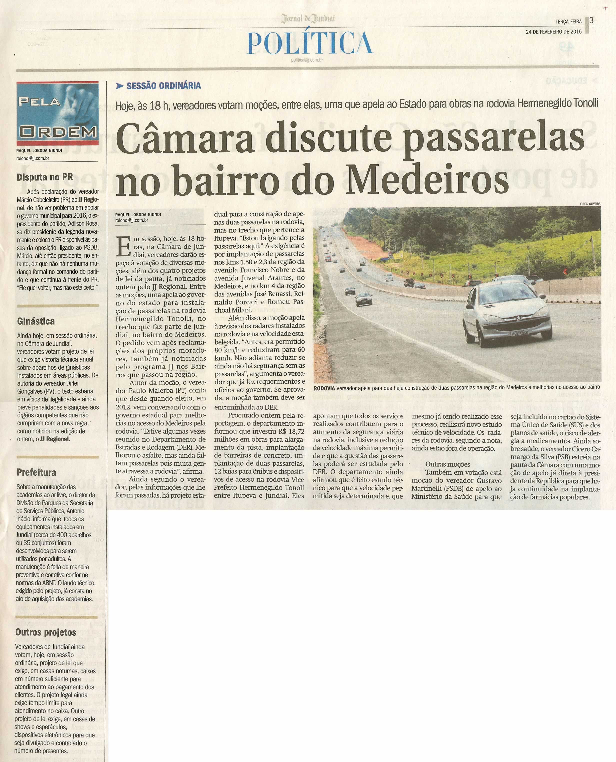JJ - 24/02/15 - pg 3 - política - Câmara discute passarelas no bairro do medeiros -