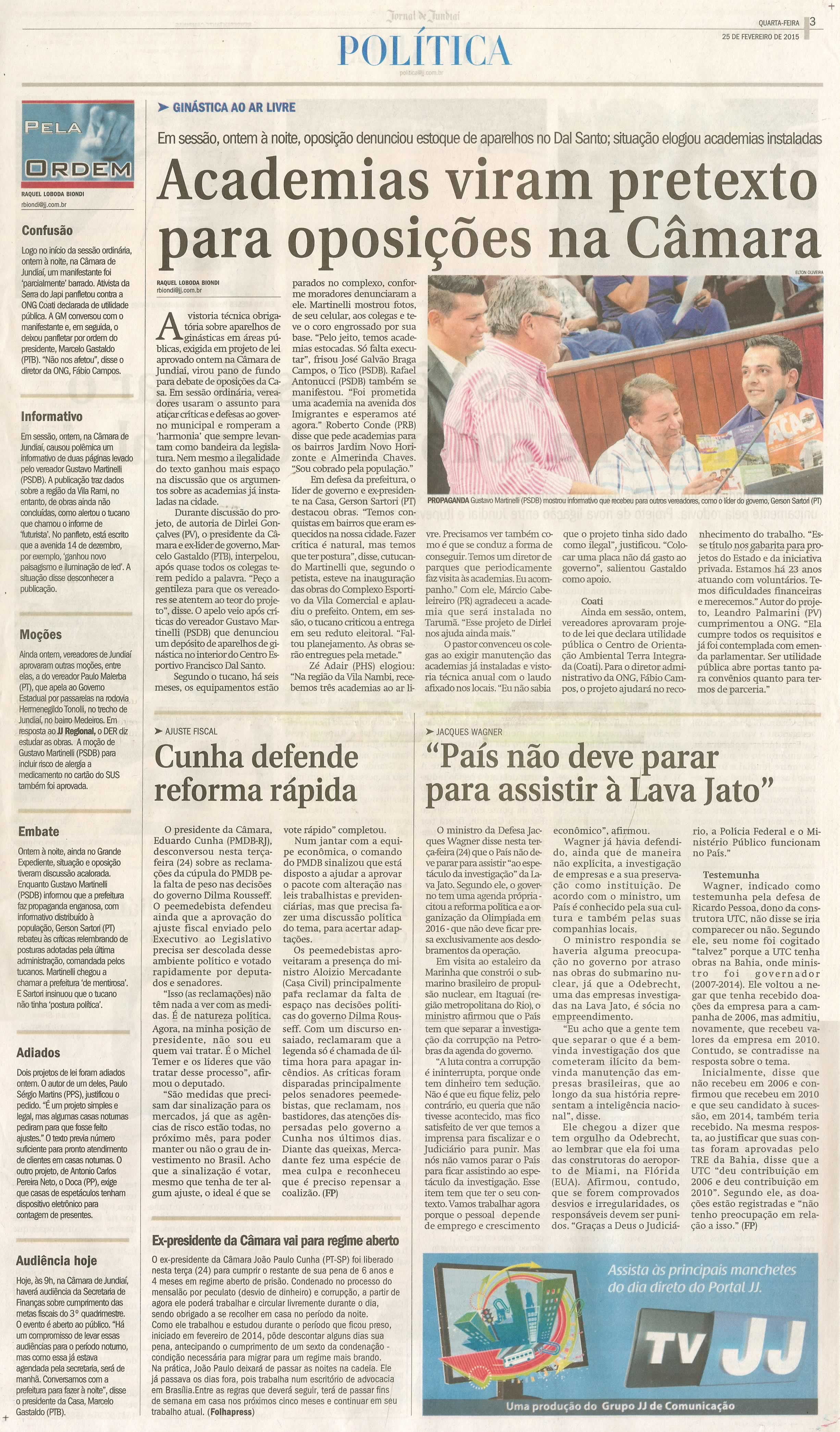 JJ - 25/02/15 - pg 3 - política - Academias viram pretexto para oposições na Câmara - 