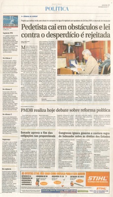 JJ - 25/03/15 - pg 3 - política - Pedetista cai em obstáculos e lei contra o desperdício é rejeitada - PMDB realiza hoje debate sobre reforma política - 