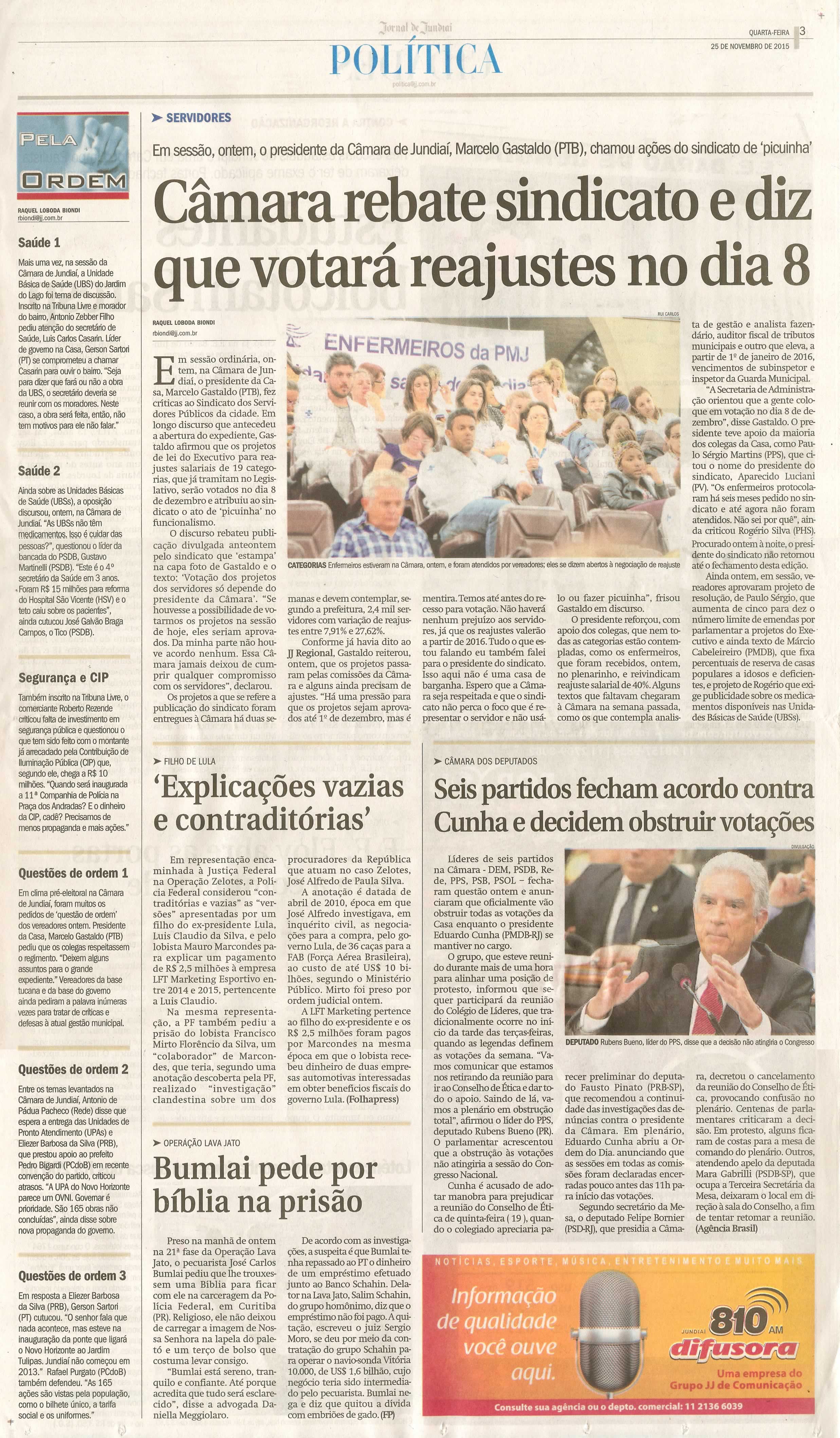 JJ - 25/11/15 - pg 3 - política - Câmara rebate sindicato e diz que votará reajustes no dia 8 - 