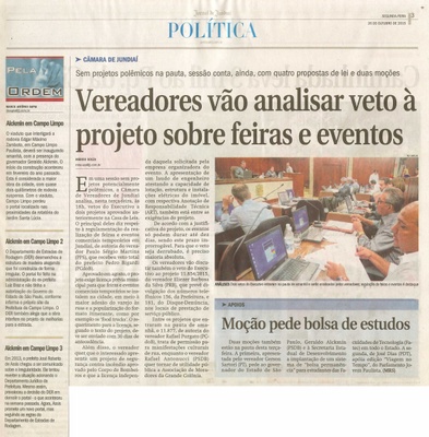 JJ - 26/10/15 - pg 3 - política - Vereadores vão analisar veto à projeto sobre feiras e eventos -  Moção pede bolsa de estudos -