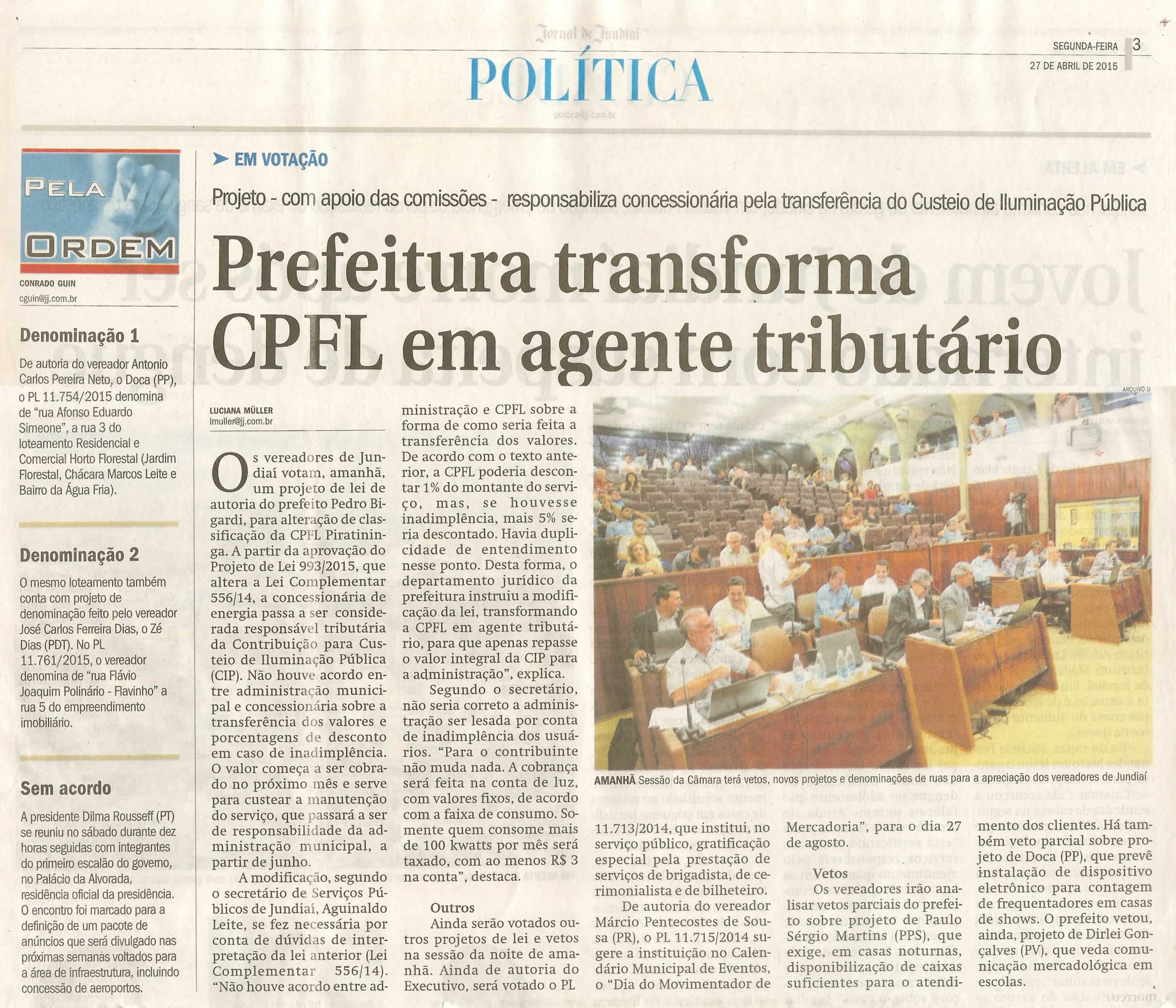 JJ - 27/04/15 - pg 3 - política - Prefeitura transforma CPFL em agente tributário - 