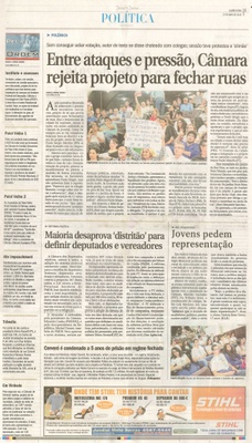  JJ - 27/05/15 - pg 3 - política - Entre ataques e pressão, Câmara rejeita projeto para fechar ruas - pela ordem