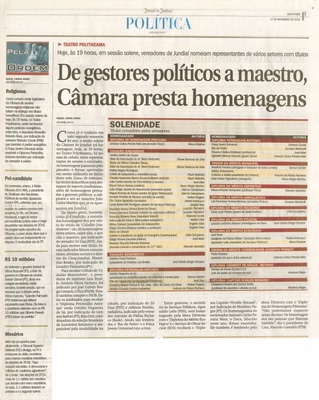 JJ - 27/11/15 - pg 3 - política - De gestores políticos a maestro, Câmara presta homenagens -