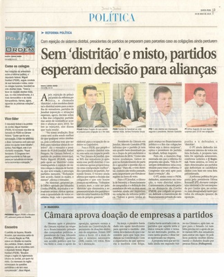  JJ - 28/05/15 - pg 3 - política - Pela Ordem - Sem 'distritão' e misto, partidos esperam decisão para alianças.