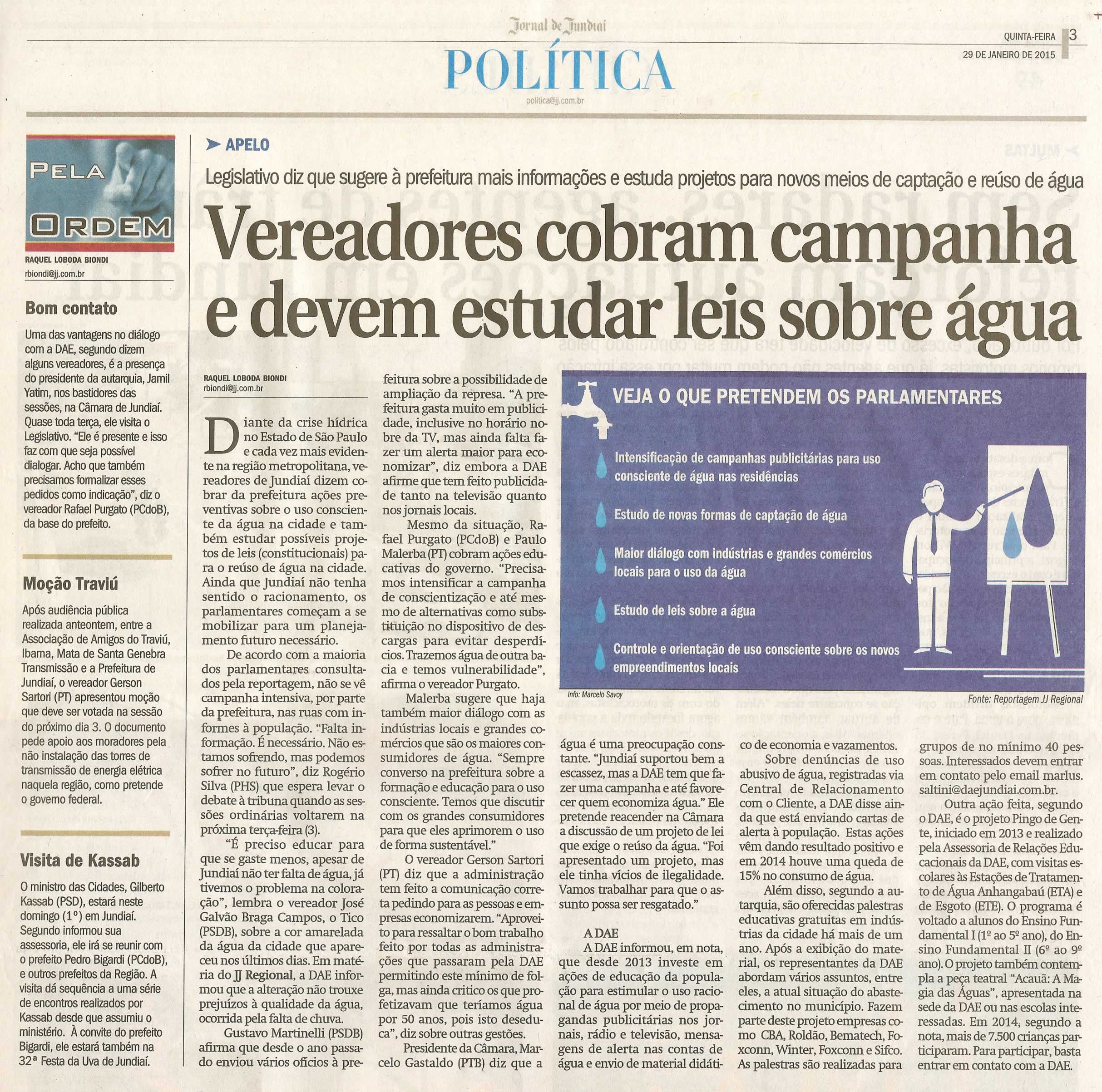 JJ - 29/01/15 - pg 3 - Política - Vereadores cobram campanha e devem estudar leis sobre água - 