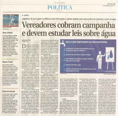 JJ - 29/01/15 - pg 3 - Política - Vereadores cobram campanha e devem estudar leis sobre água - 