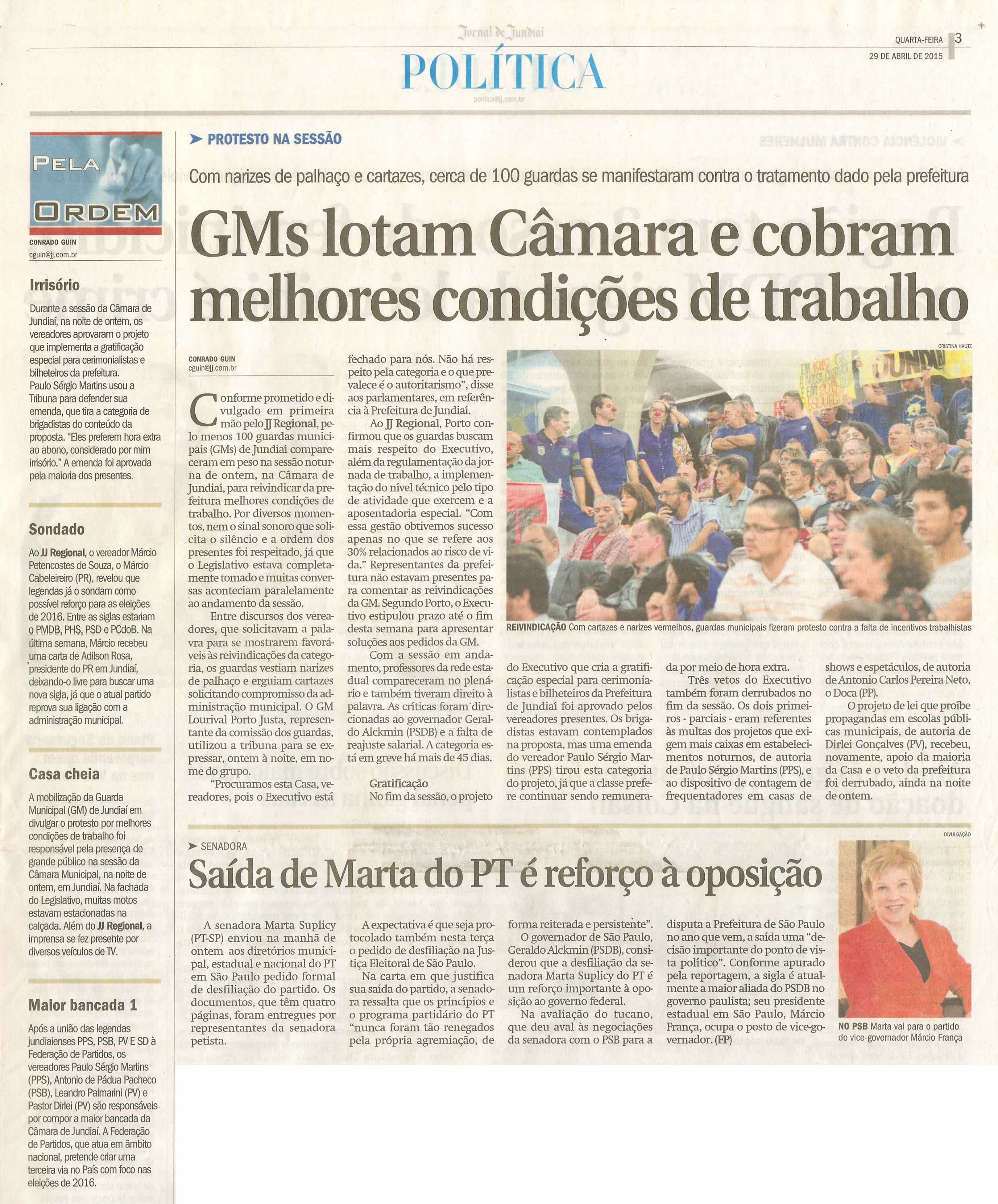 JJ - 29/04/15 - pg 3 - política - GMs lotam Câmara e cobram melhores condições de trabalho -