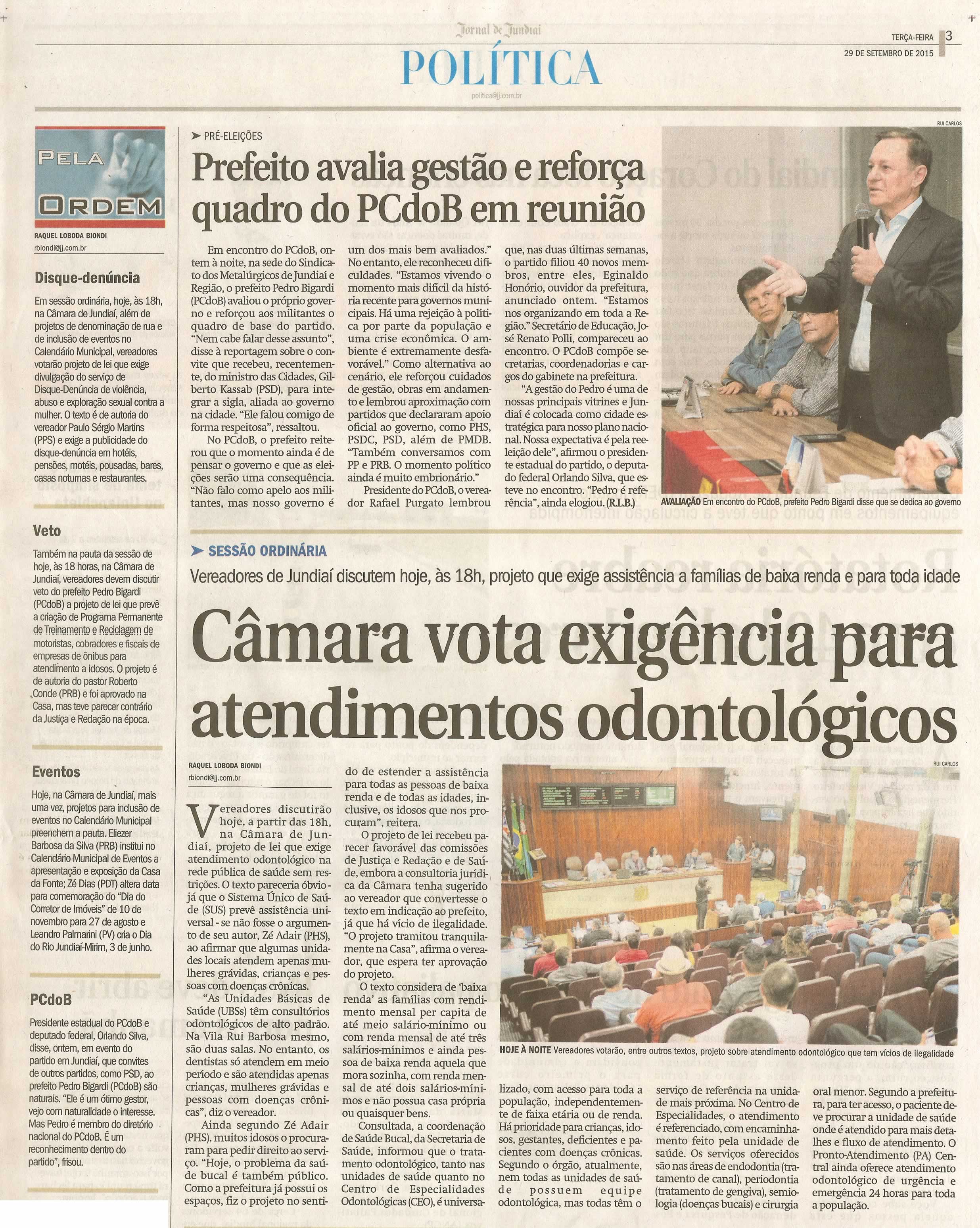  JJ - 29/09/15 - pg 3 - Política - Câmara vota exigência para atendimentos odontológicos - Pela Ordem.
