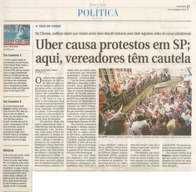  JJ - 30/12/15 - pg 3 - Política - Uber causa protestos em SP; aqui, vereadores têm cautela - Pela Ordem.