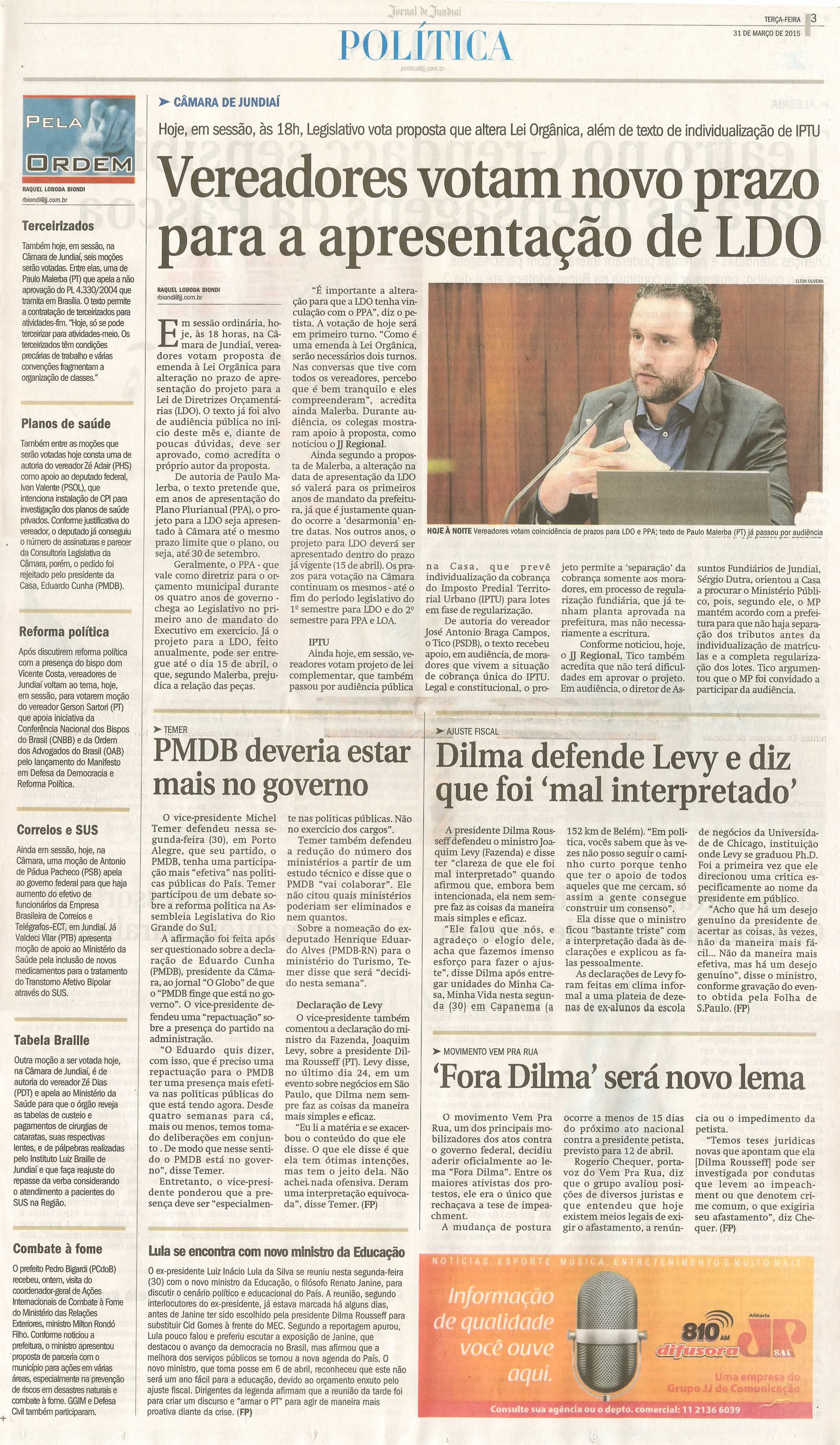 JJ - 31/03/15 - pg 3 - política - Vereadores votam novo prazo para a apresentação de LDO - 