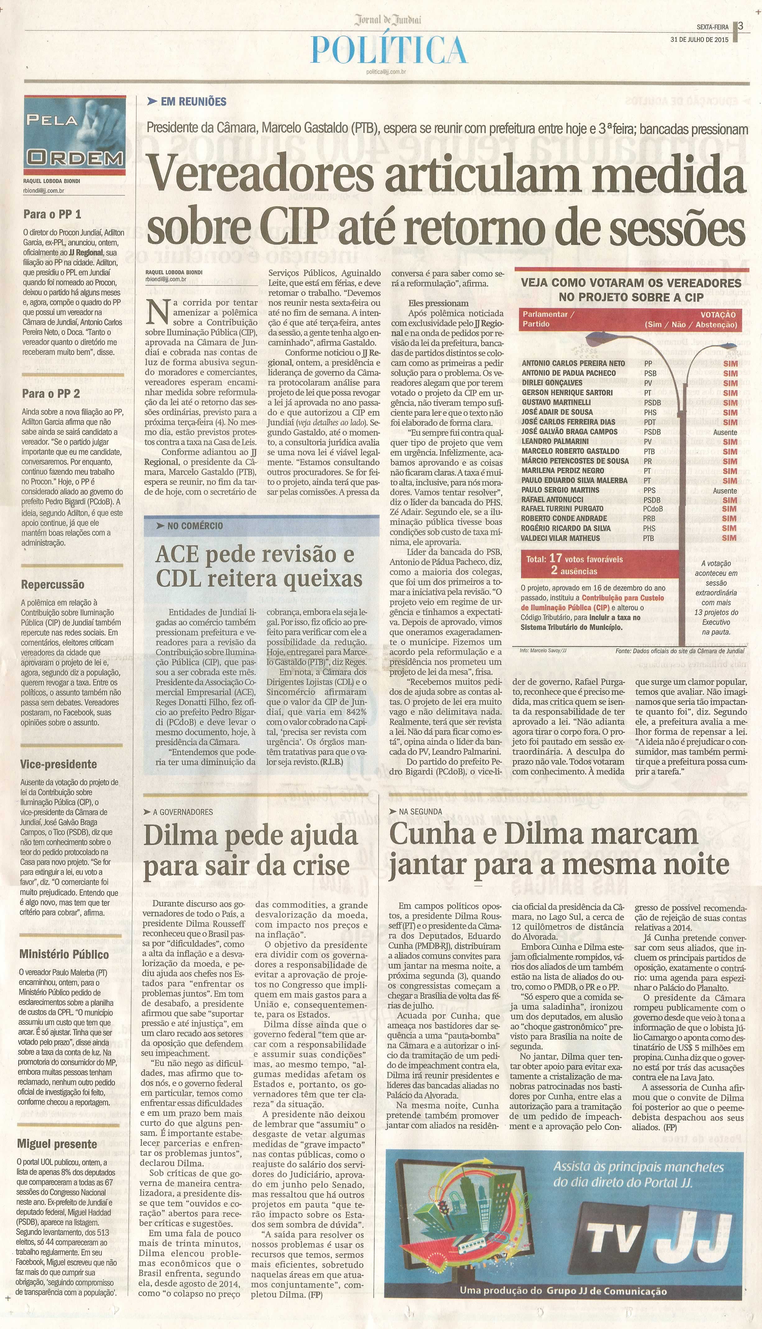 JJ - 31/07/15 - pg 3 - política - Vereadores articulam medida sobre CIP até retorno de sessões -
