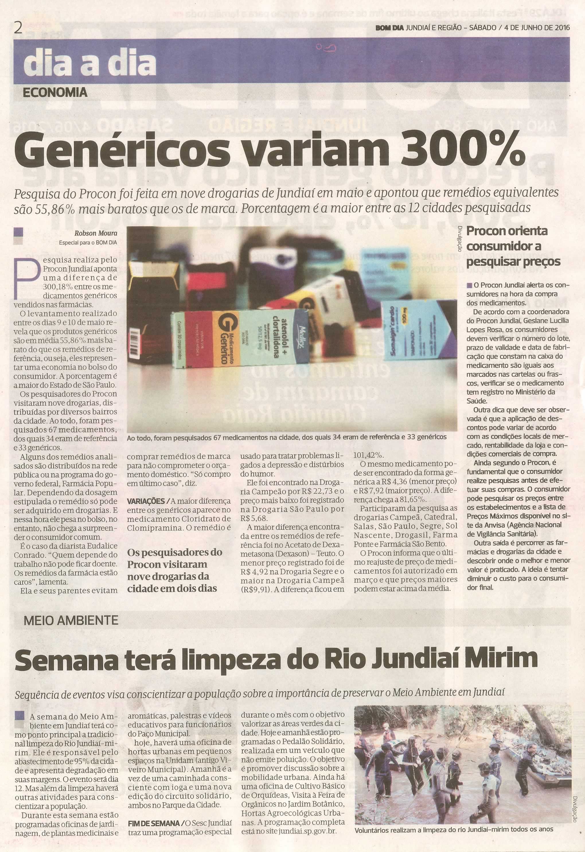 Bom Dia Jundiaí - 04/06/16 - pg 2 - Genéricos variam 300% - Semana terá limpeza do Rio Jundiaí Mirim -