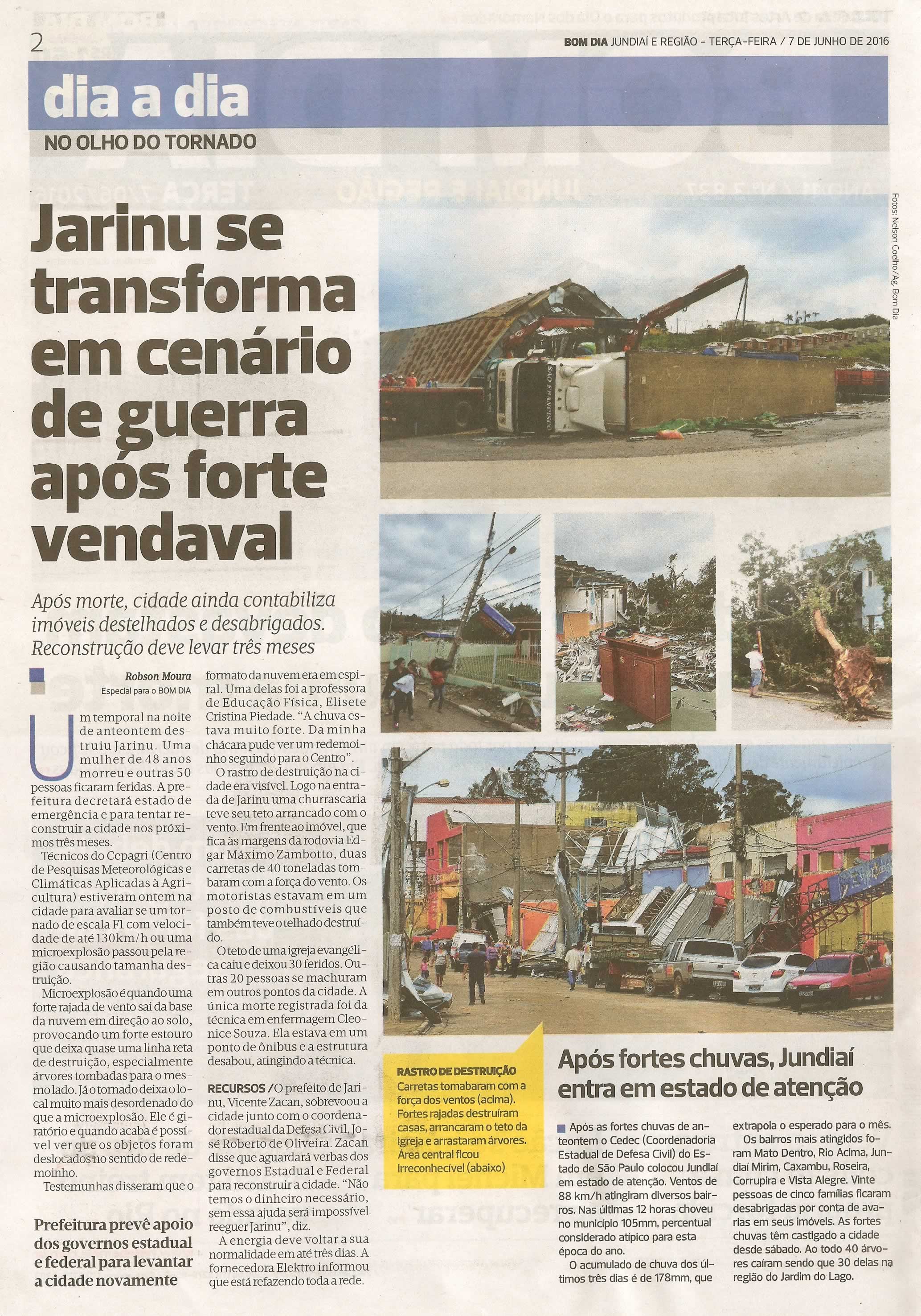 Bom Dia Jundiaí - 07/06/16 - pg 2 - Jarinu se transforma em cenário de guerra após forte vendaval -