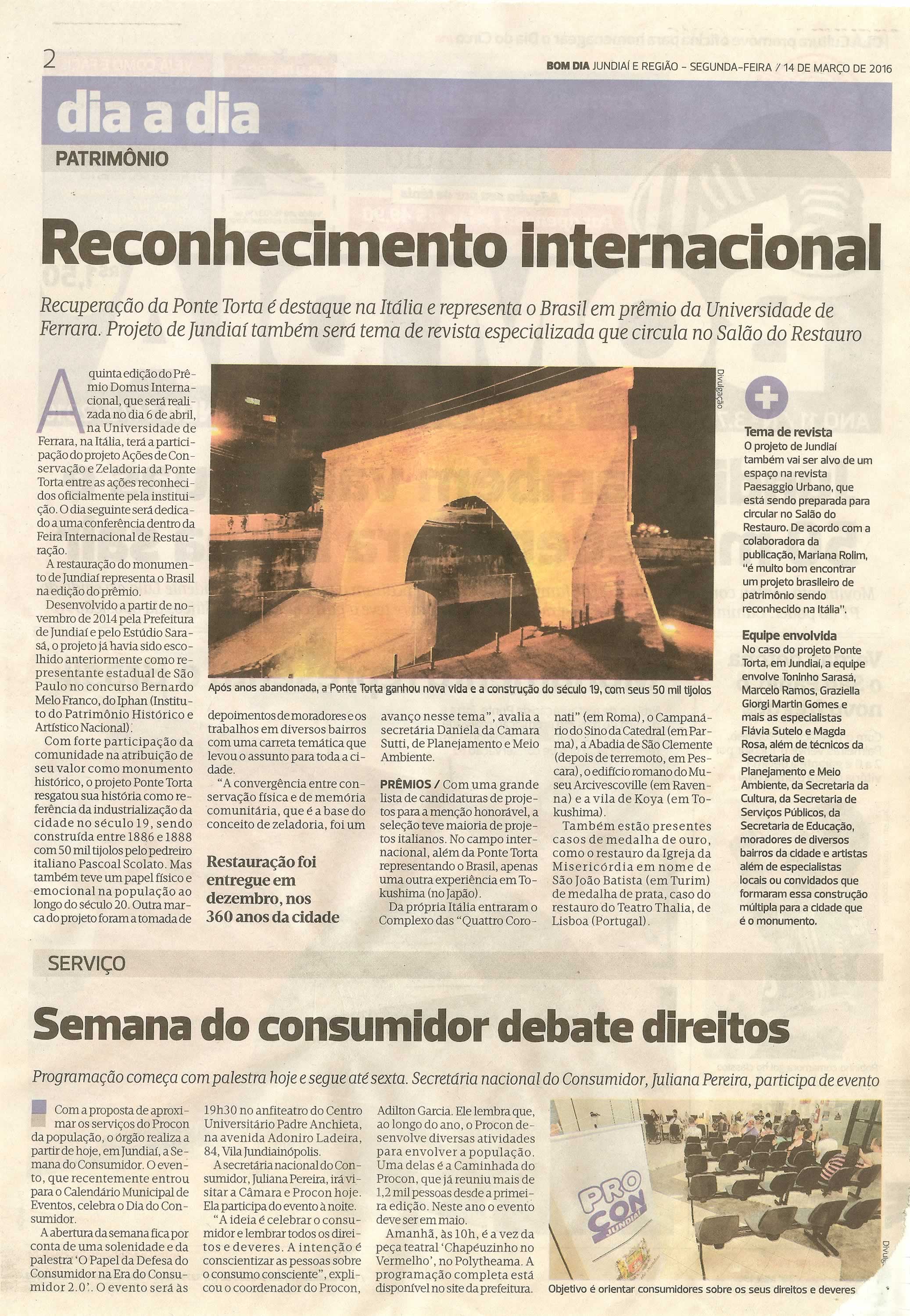 Bom Dia Jundiaí - 14/03/16 - pg 2 - Reconhecimento internacional -