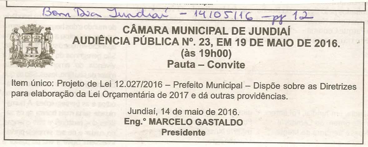 Bom Dia Jundiaí - 14/05/16 - pg 12 - Audiência Pública nº 23 da Câmara Municipal de Jundiaí -