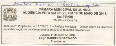 Bom Dia Jundiaí - 14/05/16 - pg 12 - Audiência Pública nº 23 da Câmara Municipal de Jundiaí -