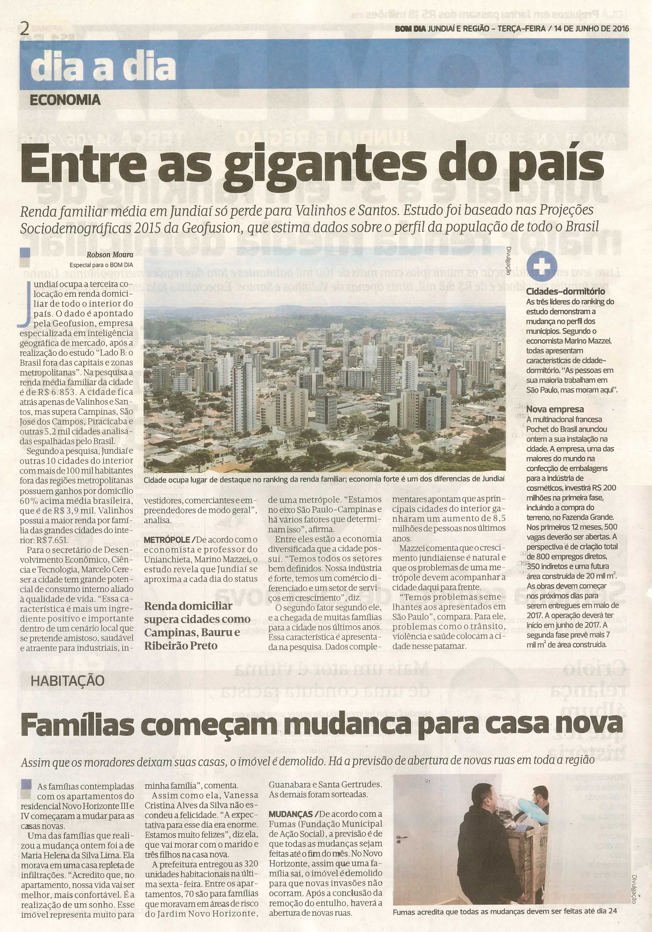 Bom Dia Jundiaí - 14/06/16 - pg 2 - Entre as gigantes do país - Famílias  começam mudança