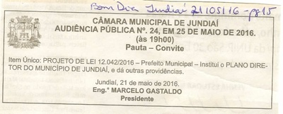 Bom Dia Jundiaí - 21/05/16 - pg 15 - Audiência Pública nº 24 da Câmara Municipal de Jundiaí -