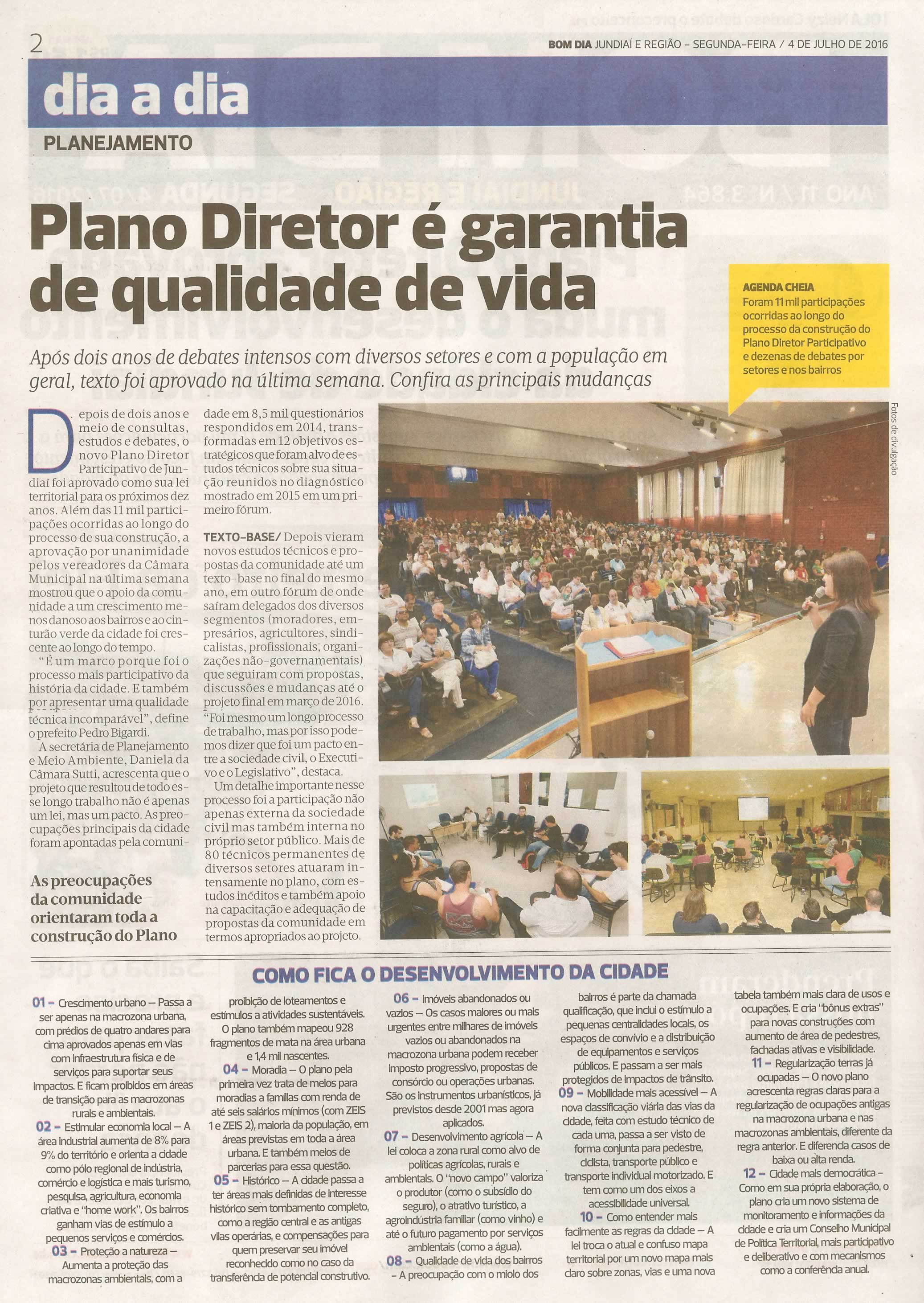 Bom Dia Jundiaí - 4/07/16 - pg 2 - Plano Diretor é garantia de qualidade de vida -