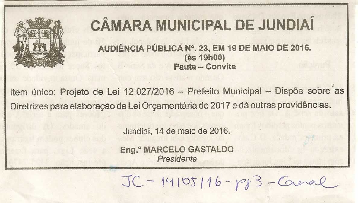 JC - 14/05/16 - pg 3 - geral - Audiência Pública nº 23 da Câmara Municipal de Jundiaí -