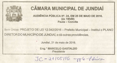 JC - 21/05/16 - pg 6 - Polícia - Audiência Pública nº 24 da Câmara Municipal de Jundiaí -