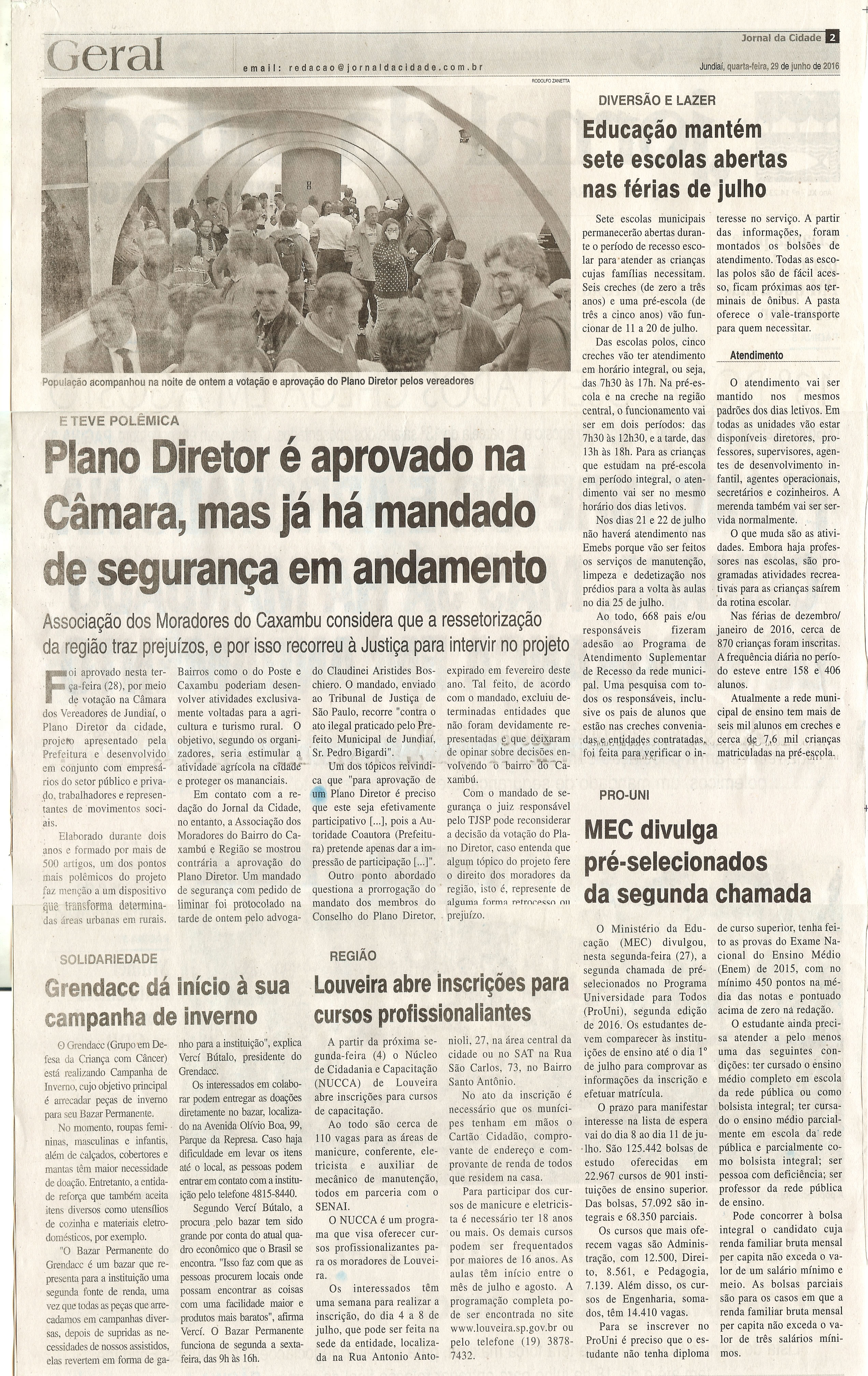 JC - 29/06/16 - pg 2 - Geral - Plano Diretor é aprovado na Câmara, mas já há mandado de segurança em andamento -