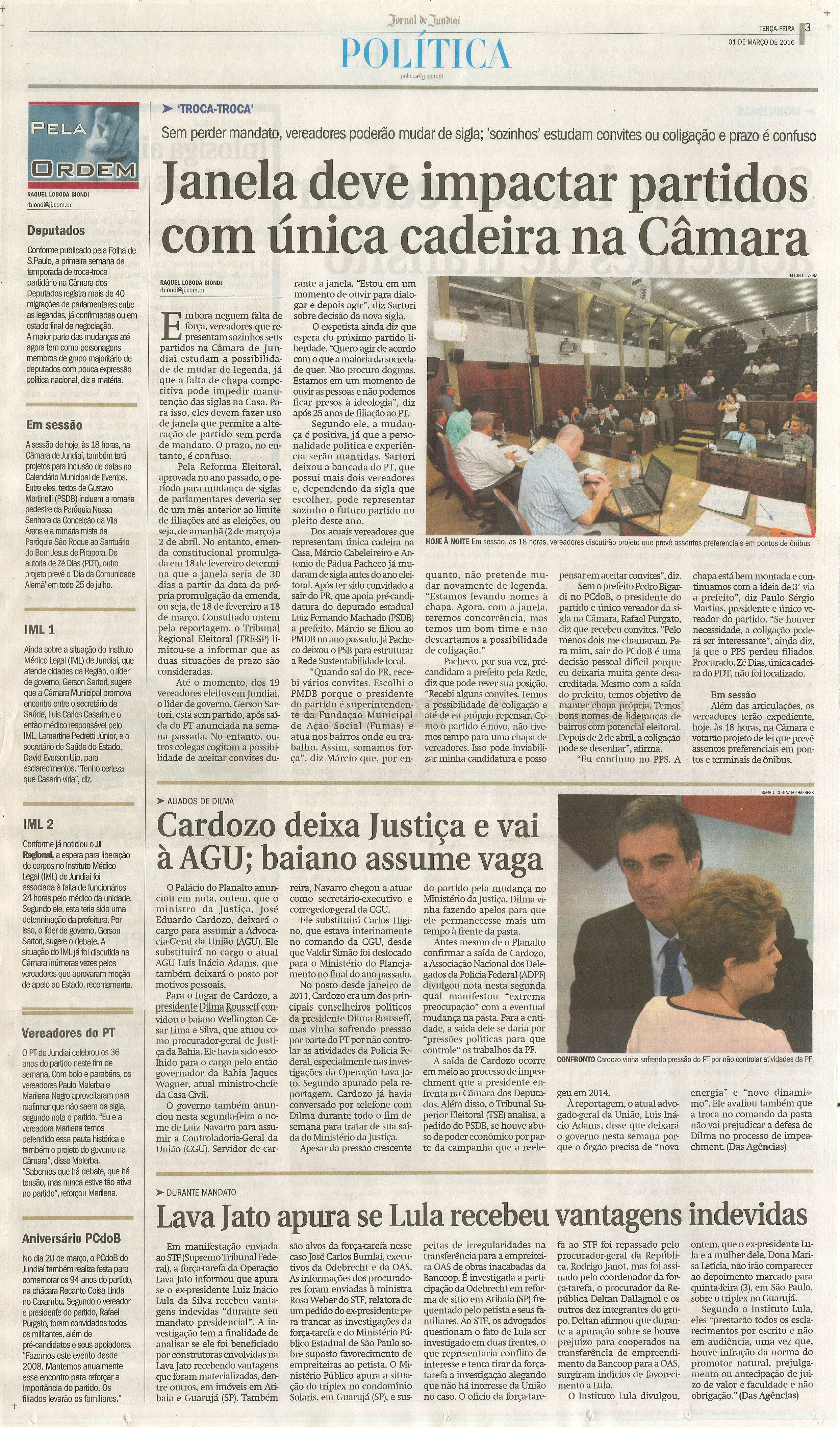 JJ - 01/03/16 - pg 3 - política - Janela deve impactar partidos com única cadeira na Câmara -