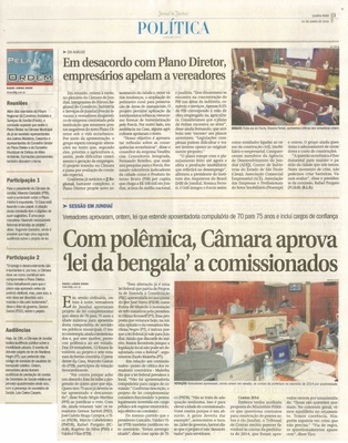 JJ - 01/06/16 - pg 3 - política - Em desacordo com Plano Diretor, empresários apelam a vereadores - Com polêmica, Câmara aprova 'lei da bengala' a comissionados -