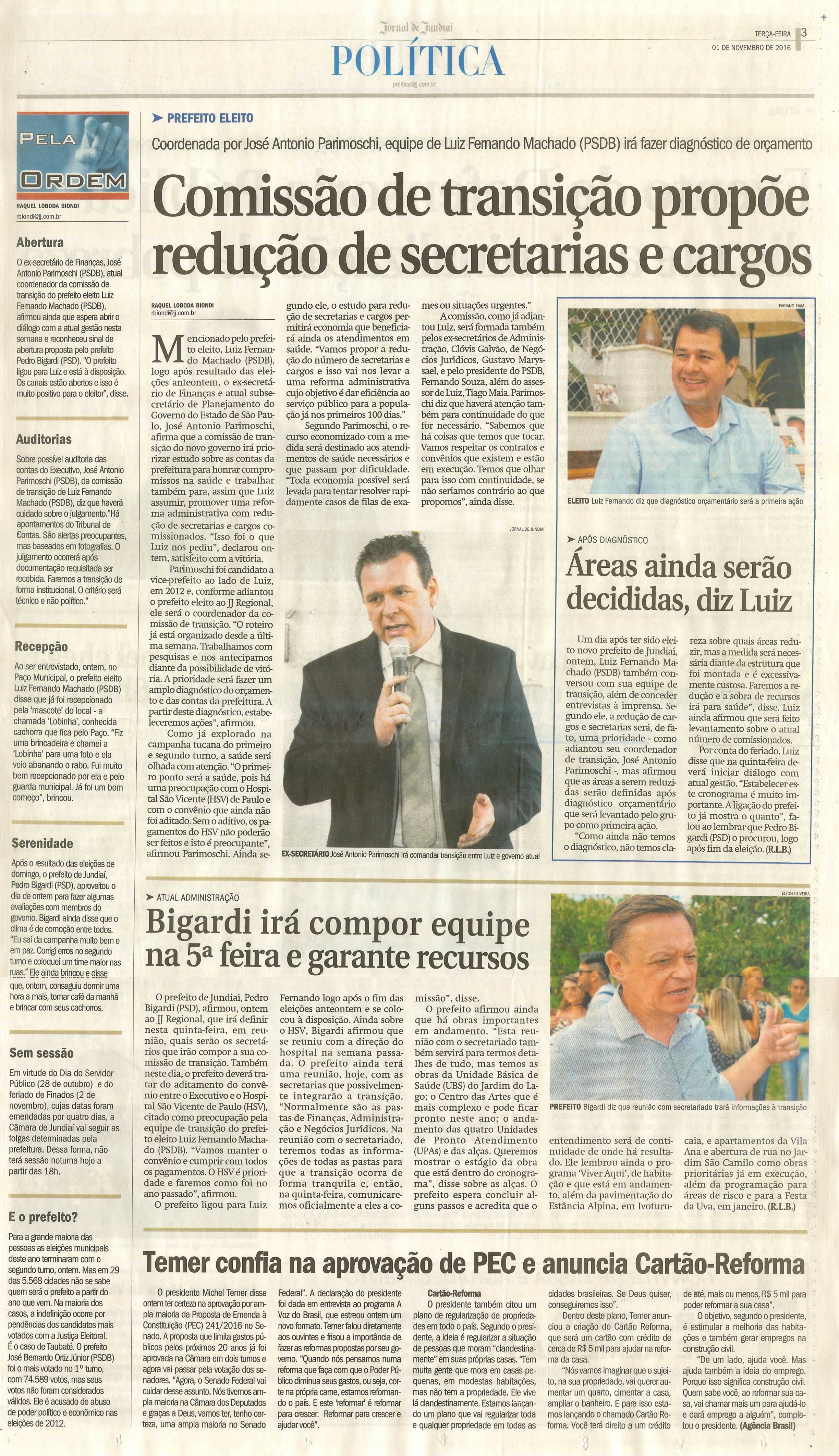 JJ - 01/11/16 - pg 3 - política - Comissão de transição propõe redução de secretarias e cargos -