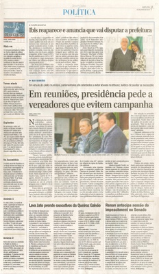 JJ - 03/08/16 - pg 3 - política - Ibis reaparece e anuncia que vai disputar a prefeitura - Em reuniões, presidência pede a vereadores que evitem campanha -