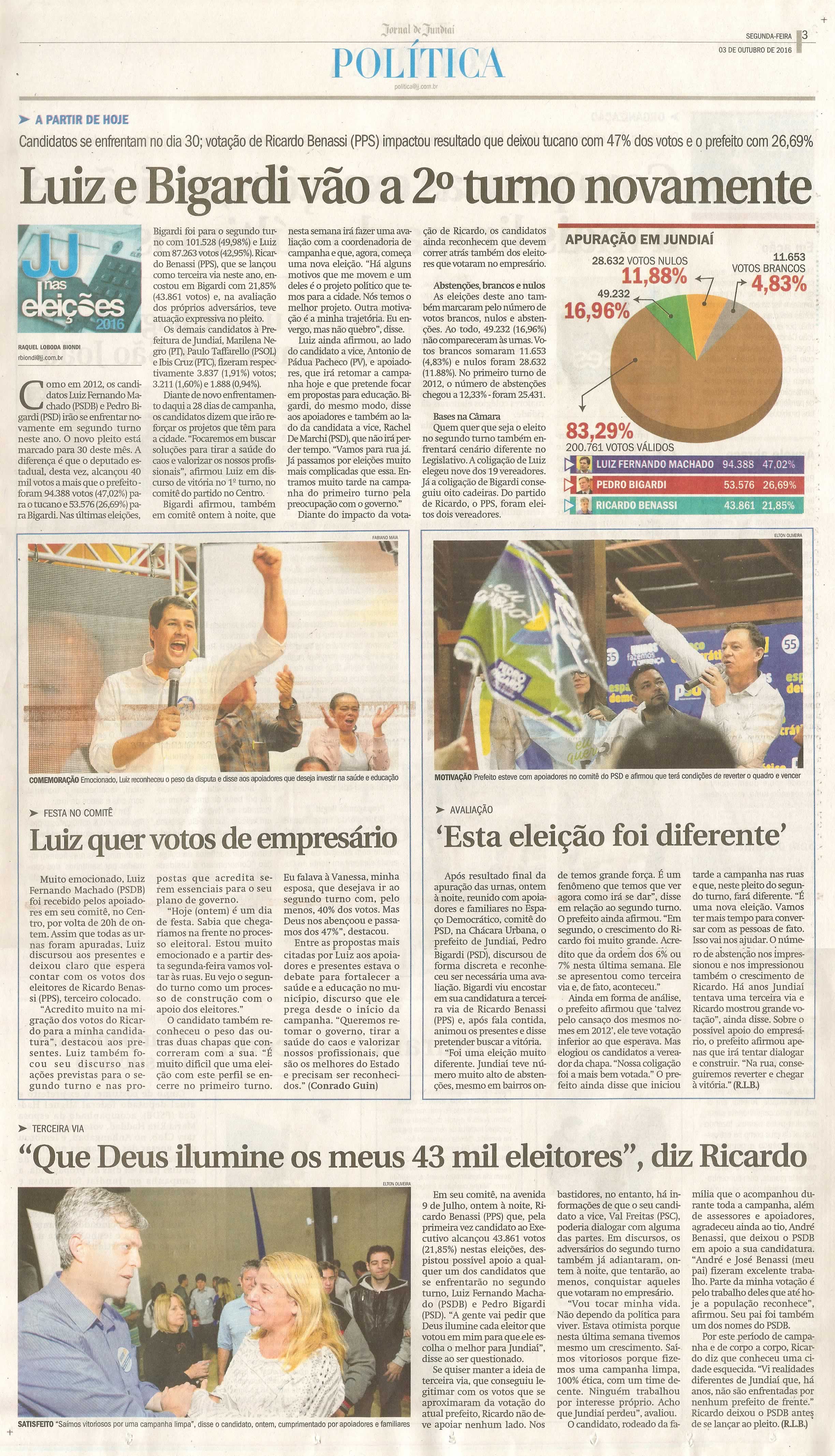 JJ - 03/10/16 - pg 3 - política - Luiz e Bigardi vão a 2º turno novamente - 