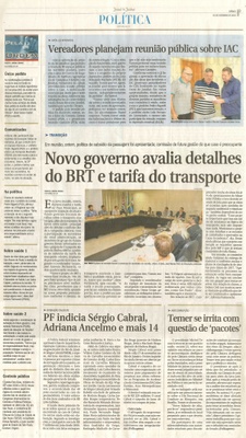 JJ - 03/12/16 - pg 3 - política - Vereadores planejam reunião pública sobre IAC - Novo governo avalia detalhes do BRT e tarifa do transporte -
