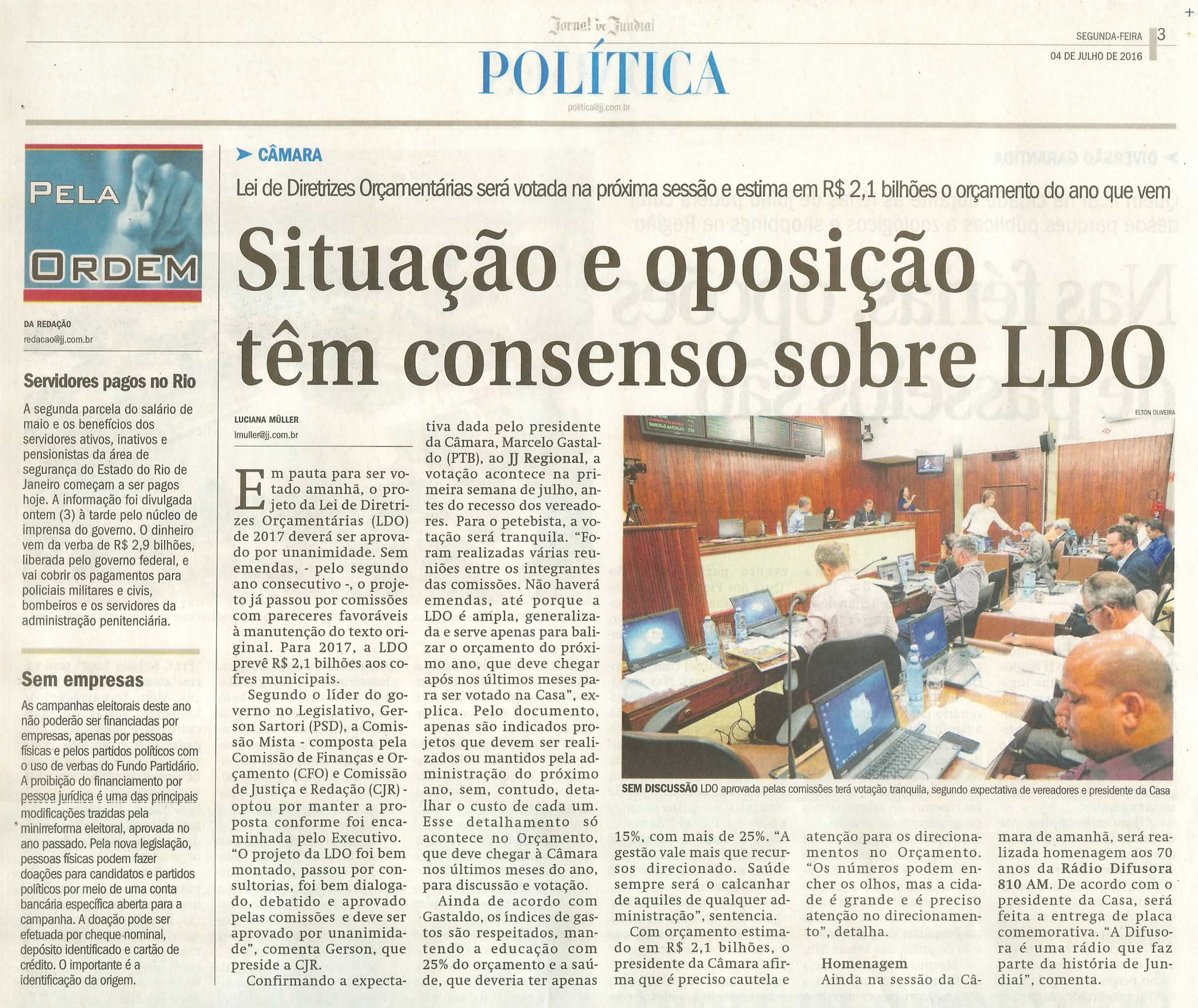 JJ - 04/07/16 - pg 3 - política - Situação e oposição têm consenso sobre LDO - 