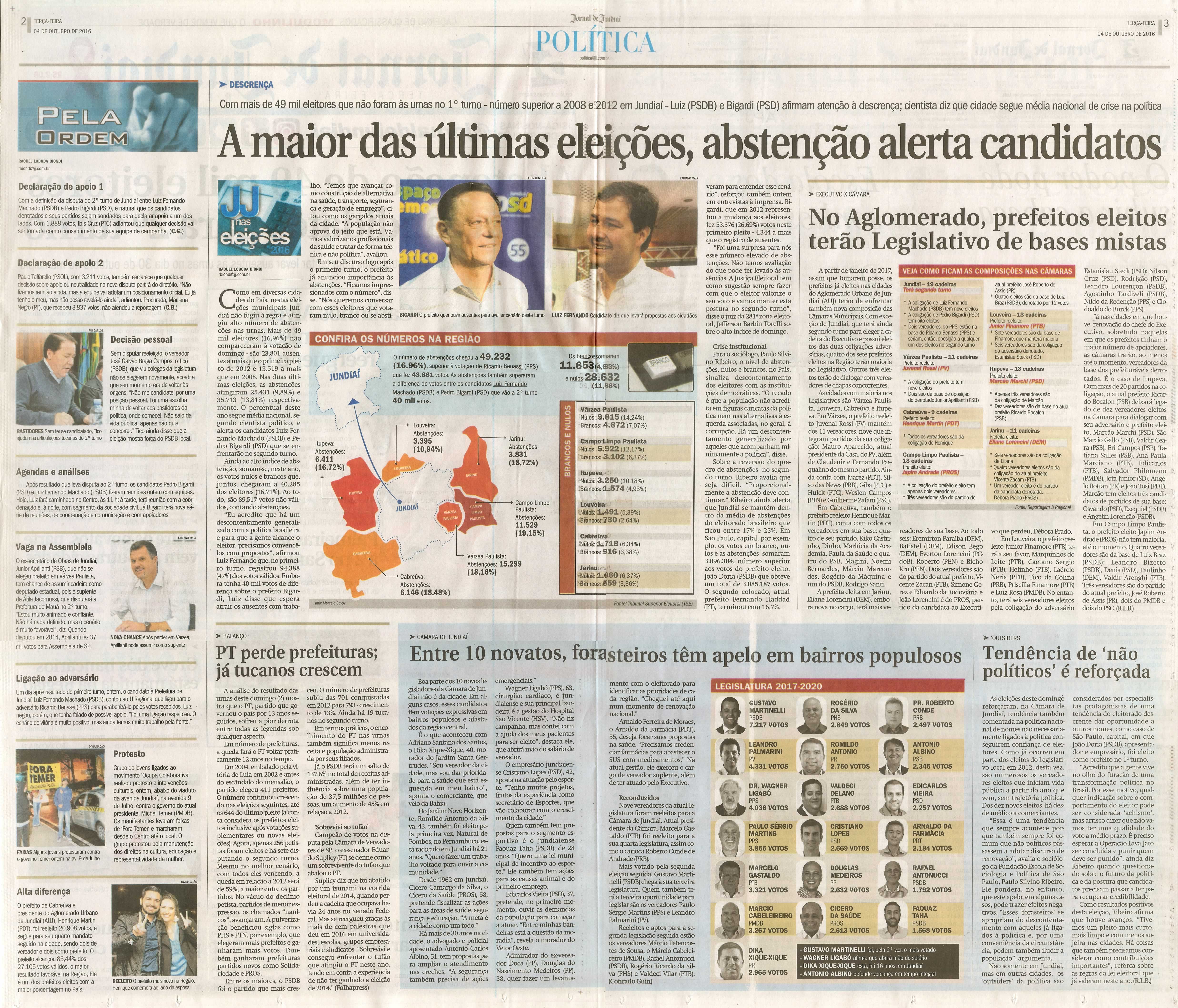JJ - 04/10/16 - pgs 2 e 3 - política - A maior das últimas eleições, abstenção alerta candidatos - Entre 10 novatos, forasteiros têm apelo em bairros populosos -