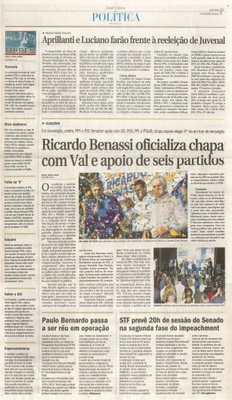 JJ - 05/08/16 - pg 3 - política - Aprillanti e Luciano farão frente à reeleição de Juvenal - Ricardo Benassi oficializa chapa com Val e apoio de seis partidos -