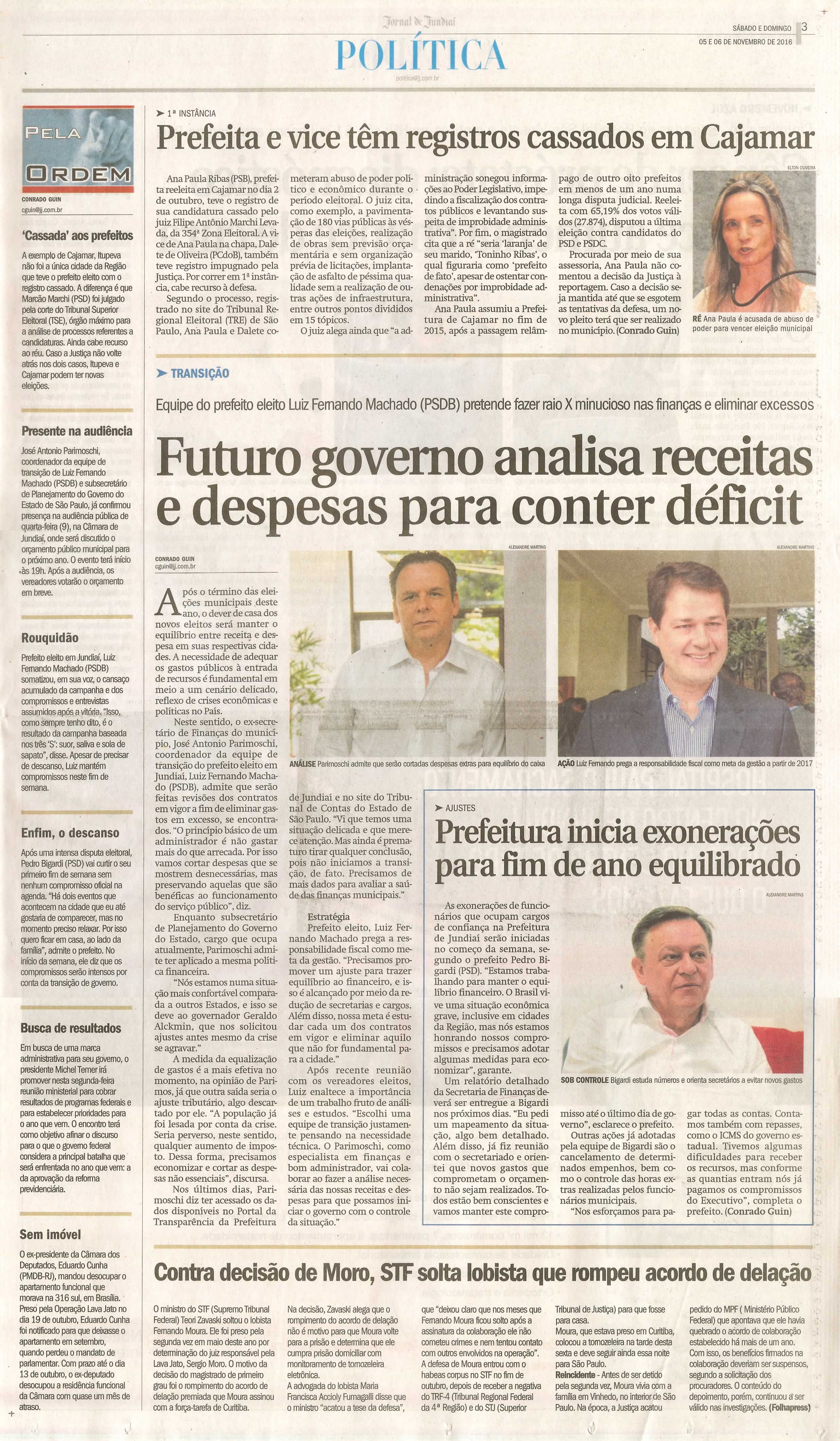JJ - 05 e 06/11/16 - pg 3 - política -  Prefeita e vice têm registros cassados em Cajamar - Futuro governo analisa receitas e despesas para conter déficit - Prefeitura inicia exonerações para fim de ano equilibrado -