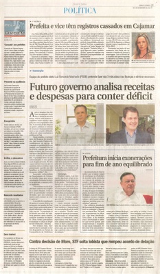 JJ - 05 e 06/11/16 - pg 3 - política -  Prefeita e vice têm registros cassados em Cajamar - Futuro governo analisa receitas e despesas para conter déficit - Prefeitura inicia exonerações para fim de ano equilibrado -