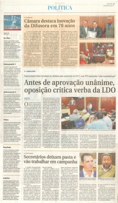 JJ - 06/07/16 - pg 3 - política - Câmara destaca inovação da Difusora em 70 anos - Antes de aprovação unânime, oposição critica verba da LDO - Secretários deixam pasta e vão trabalhar em campanha -
