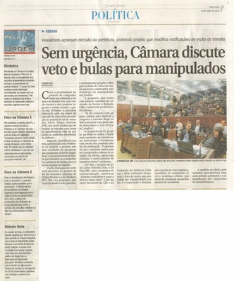JJ - 07/06/16 - pg 3 - política - Sem urgência, Câmara discute veto e bulas para manipulados -