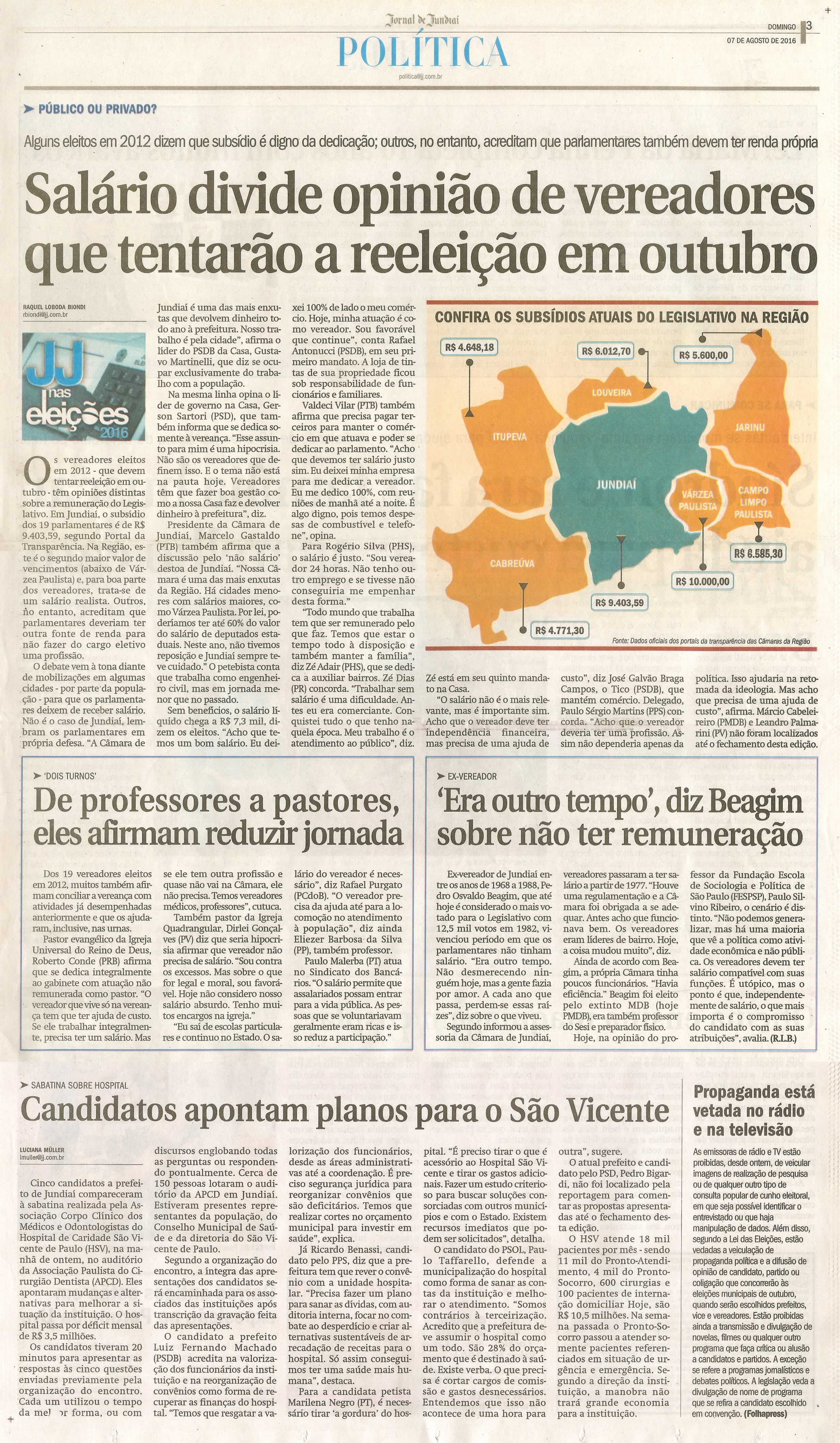 JJ - 07/08/16 - pg 3 - política - Salário divide opinião de vereadores que tentarão a reeleição em outubro -