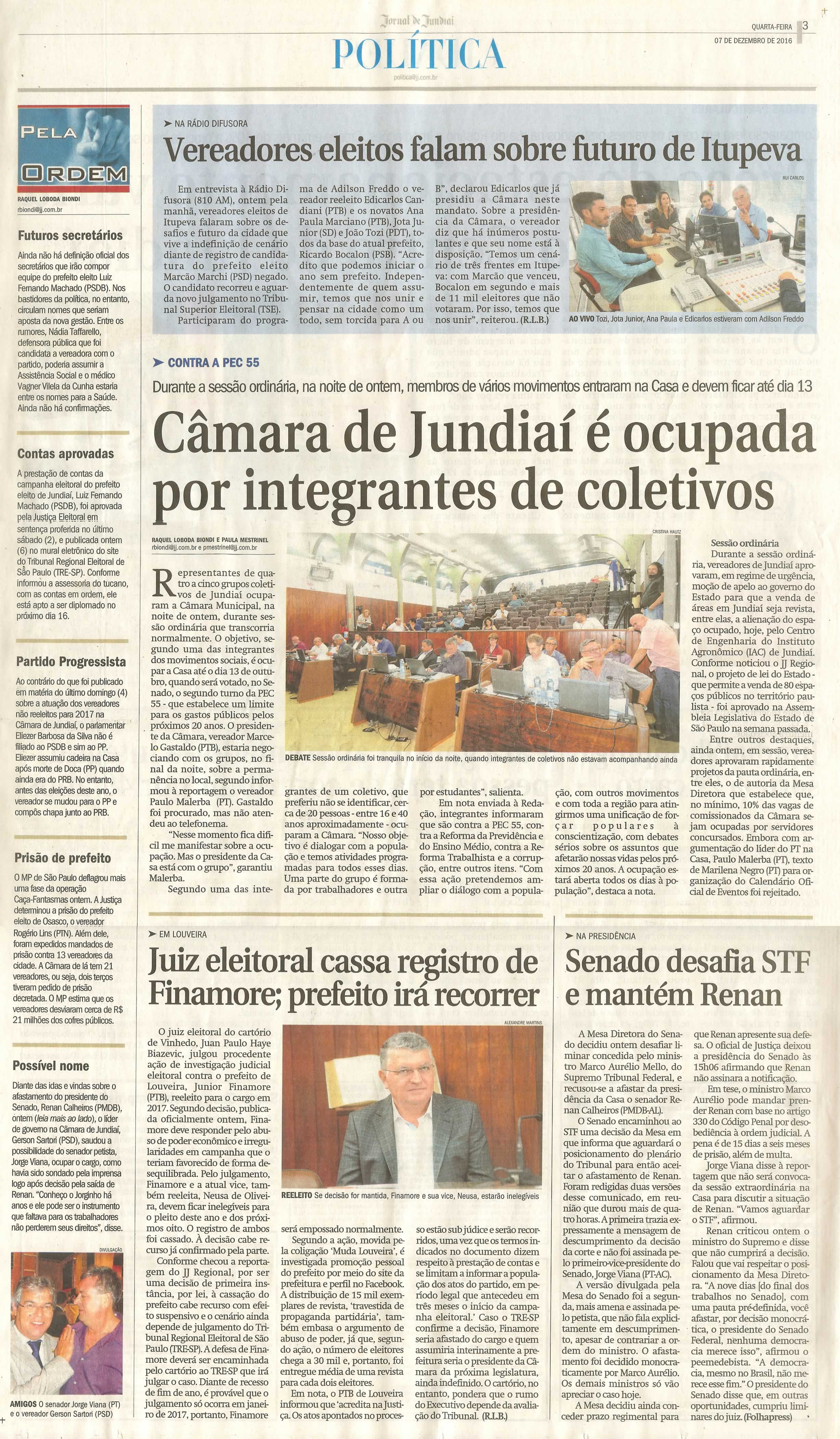 JJ - 07/12/16 - pg 3 - política - Câmara de Jundiaí é ocupada por integrantes de coletivos -