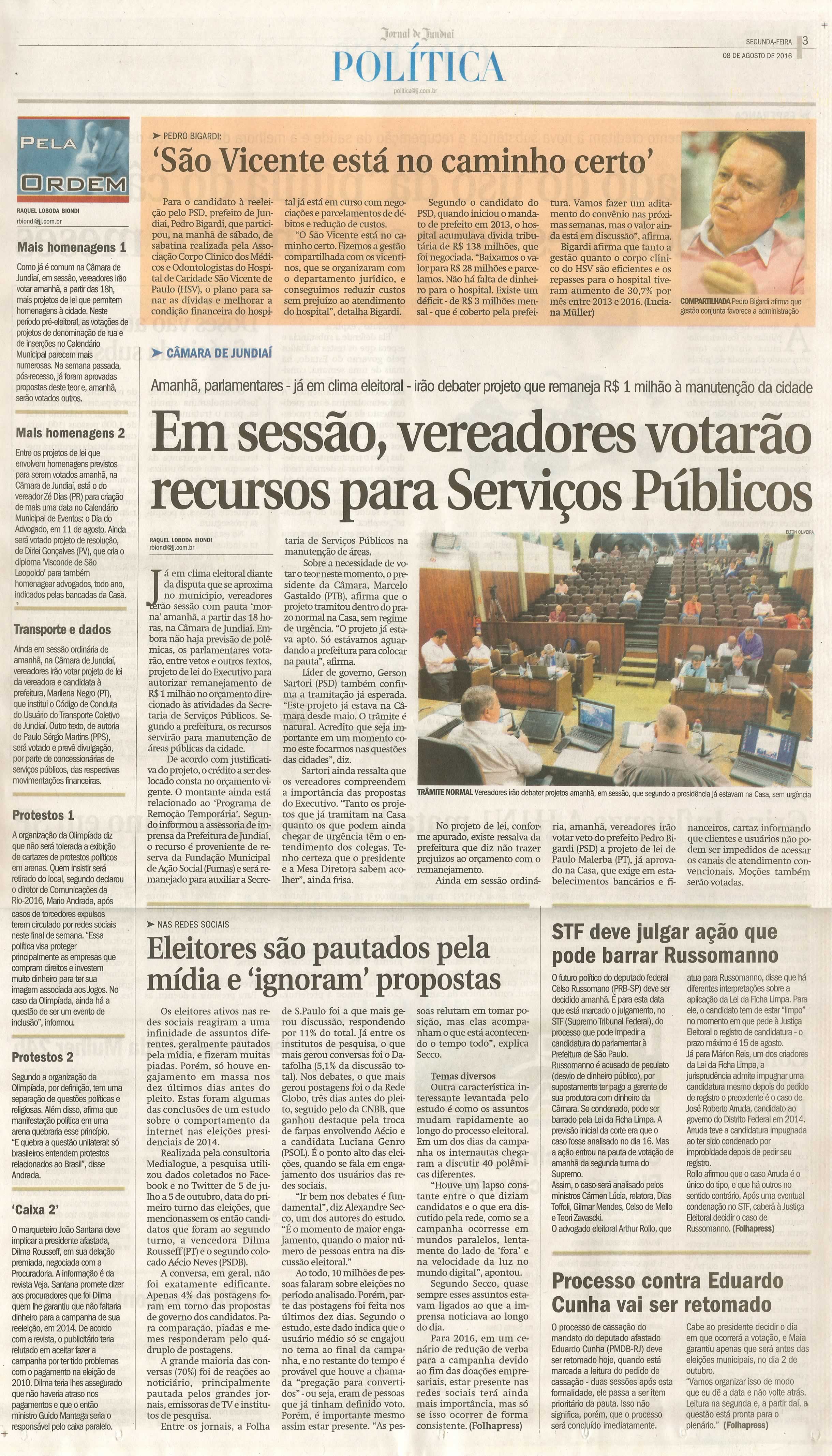 JJ - 08/06/16 - pg 3 - política - Em sessão, vereadores votarão recursos para Serviços Públicos - São Vicente está no caminho certo -