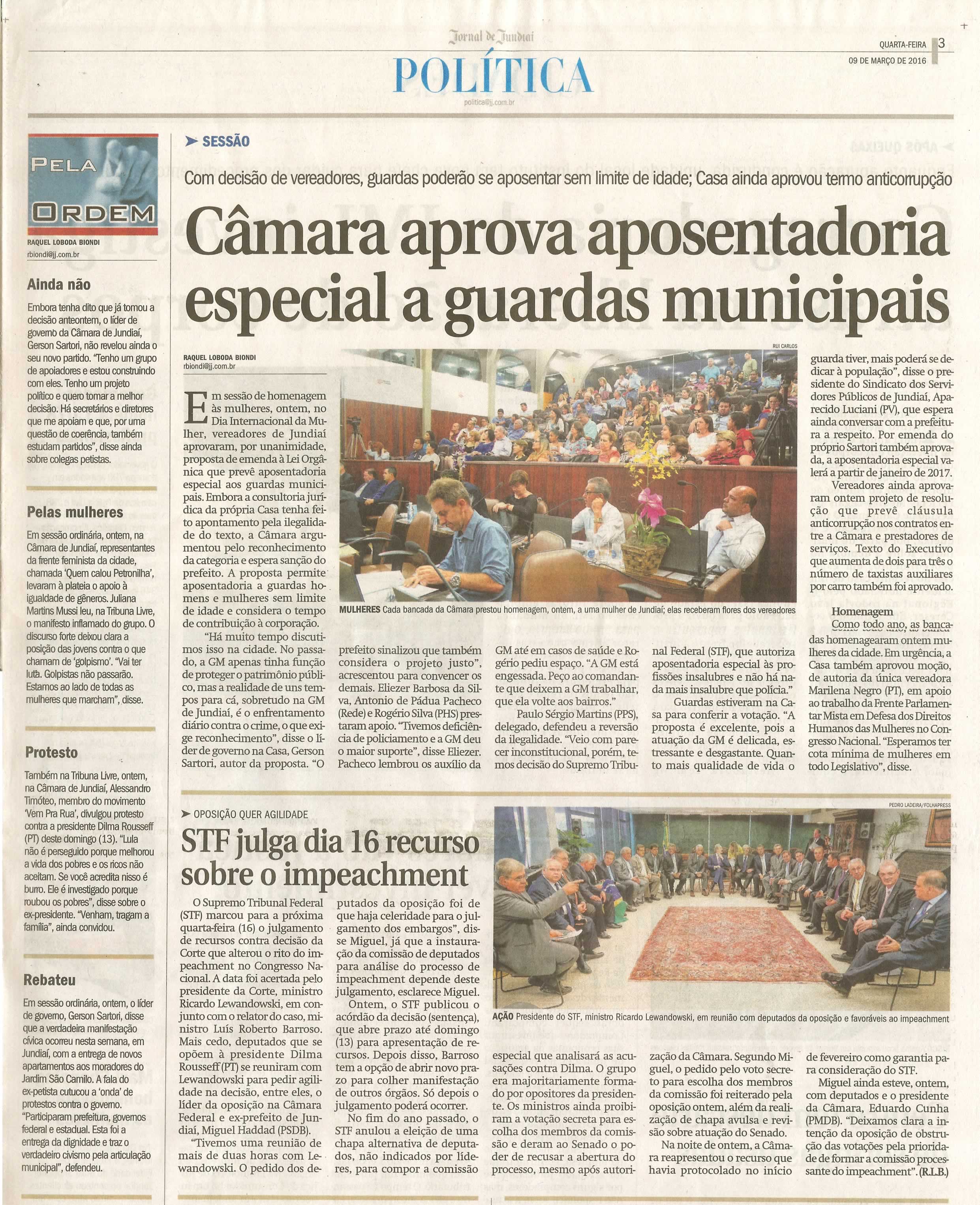 JJ - 09/03/16 - pg 3 - política - Câmara aprova aposentadoria especial a guardas municipais -