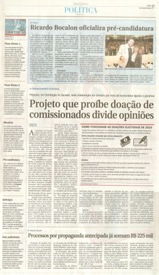 JJ - 09/07/16 - pg 3 - política - Ricardo Bocalon oficializa pré-candidatura - Projeto que proíbe doação de comissionados divide opiniões - Processos por propaganda antecipada já somam R$ 225 mil -