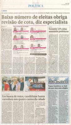 JJ - 09/10/16 - pg 3 - política - Baixo número de eleitas obriga revisão de cota, diz especialista - Em busca de votos, candidatos fazem varredura nos quatro cantos da cidade - -