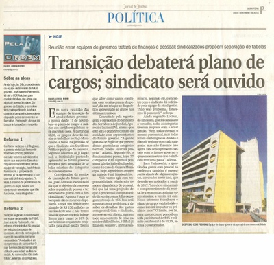 JJ - 09/12/16 - pg 3 - política - Transição debaterá plano de cargos; sindicato será ouvido -